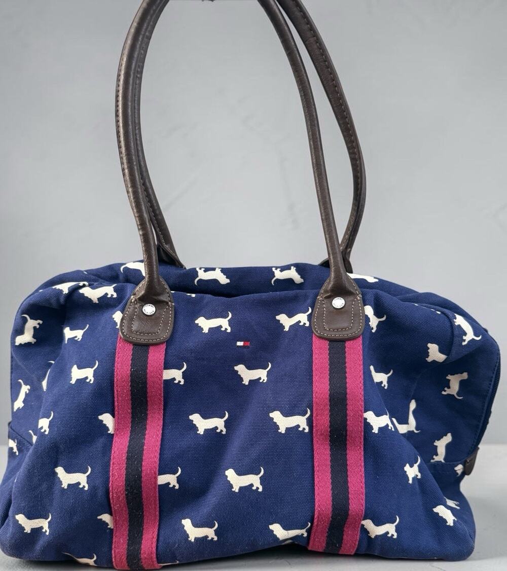 Tommy Hilfiger Duffle Travel Bag - Navy Blue W/ Red Stripe Dachshund Dog VGUC